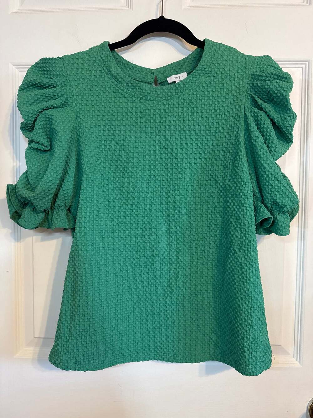 VOY Los Angeles Green Textured Knit Ruffle Sleeve Top Casual Blouse Small